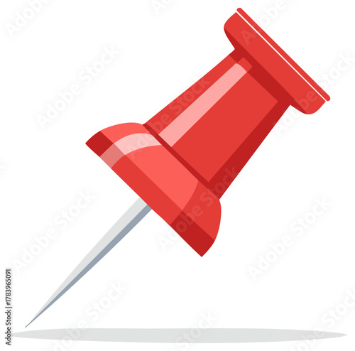Bright red thumbtack or pushpin vector illustration for office supplies and bulletin board memos