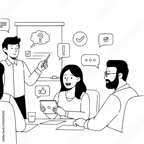 Engaging diverse business team collaborating on solutions presenting tasks in an interactive modern office meeting with a whiteboard digital tablet landing page illustration