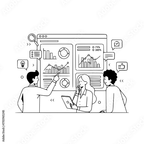 Diverse business professionals collaboratively analyzing digital dashboard metrics for strategic planning and performance growth an informative landing page illustration