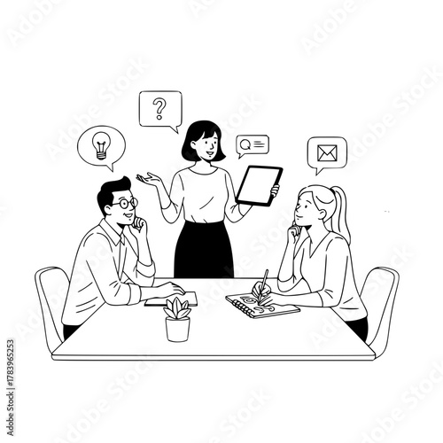 Diverse business team collaborating discussing concepts and strategy during a productive meeting an informative landing page illustration