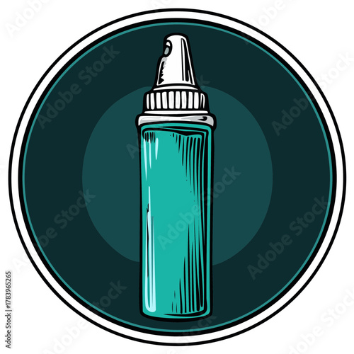 Cartoon medical nasal spray bottle vector illustration inside a circular emblem