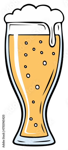 Refreshing hand drawn cartoon beer glass with frothy overflowing foam and fizzy bubbles illustration