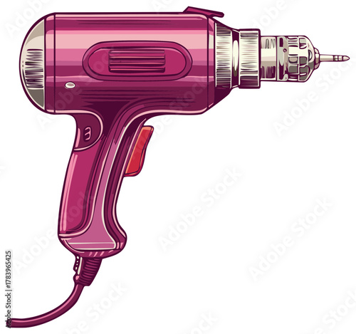 Retro pink electric power drill tool illustration with vintage comic book line art