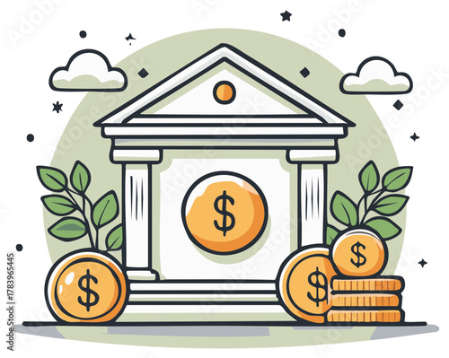 Modern bank building with dollar currency coins and financial assets