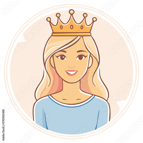 Cartoon illustration of a smiling blonde woman wearing a crown