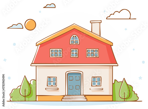 Charming Illustrated House with Red Roof, Green Bushes, and Sunny Day