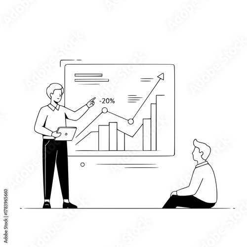 Standing male presenter with laptop explaining financial data on a large screen to an attentive colleague in a professional business setting demonstrating growth and decline trends