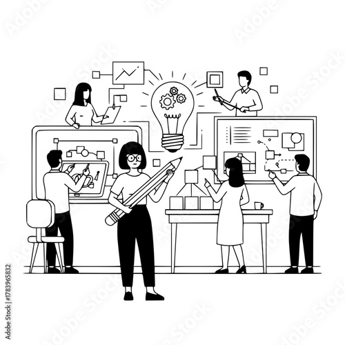 Professional creative design team actively brainstorming and developing innovative digital solutions in a modern collaborative office environment with UI UX elements for landing page illustration