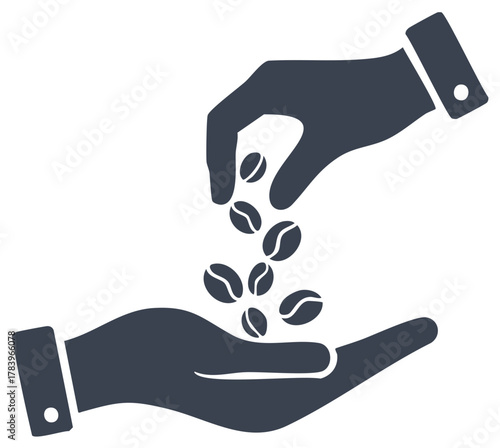 Two hands sharing transferring coffee beans one palm holding beans the other pouring