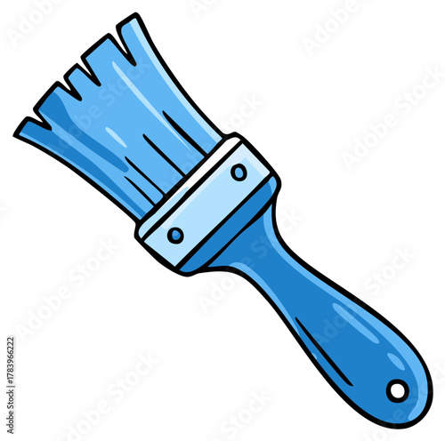Cartoon blue paint brush with handle, metal band and bristles, painting tool illustration and design element