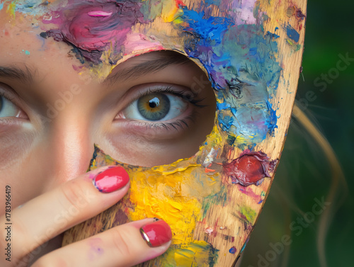 Wallpaper Mural Close-Up of Artist Holding Colorful Paint Palette with Visible Eye Torontodigital.ca