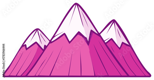Stylized pink mountain peaks with white snow caps and purple outlines against a white background