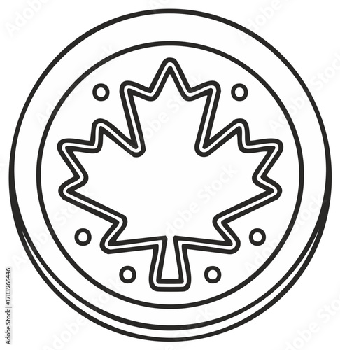 Canadian Maple Leaf Coin Outline Icon Black and White Illustration