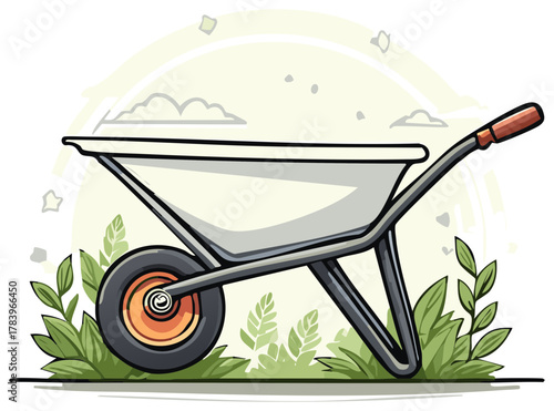 Simple illustration of a garden wheelbarrow filled with soil surrounded by green leaves and plants