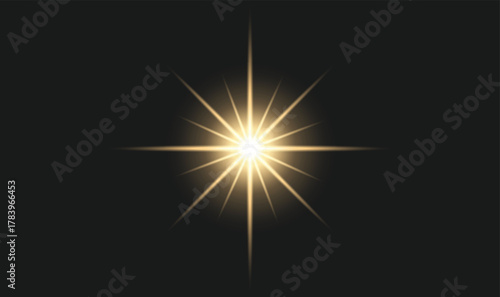 Realistic bright light burst on dark background. Glowing star flare or sun flash effect for design, decoration, or overlay use.