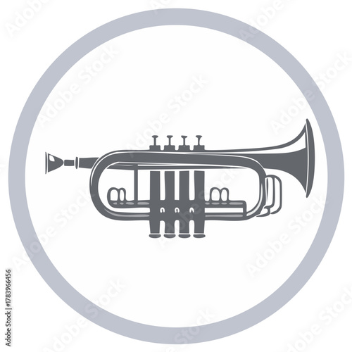 Trumpet Instrument in Gray Circle Outline, Musical Equipment Illustration with Artistic Detail and Tone Color Scheme