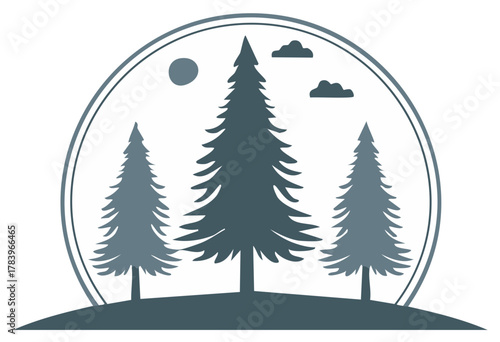 Minimalist forest emblem with evergreen pine trees hills sun and clouds in circular frame