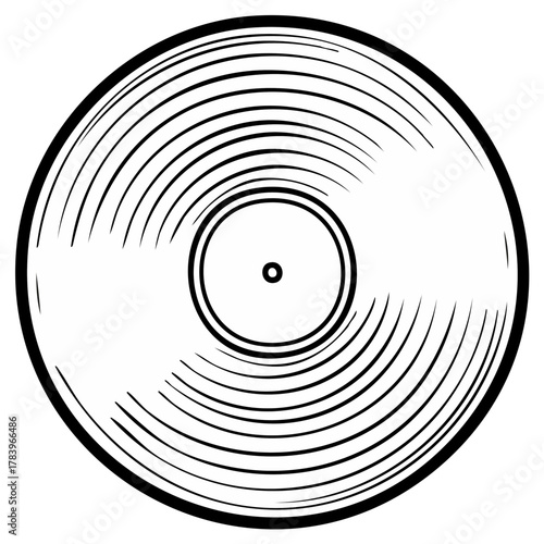 Monochrome Vector Illustration of a Vintage Vinyl Record with Circular Grooves
