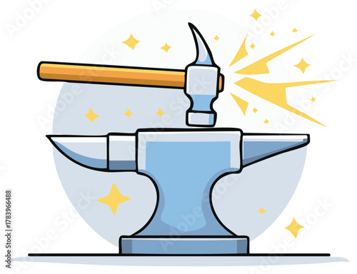 Hammer Strikes Anvil in Sparks Cartoon Style Illustration - Metalworking Precision and Craftsmanship