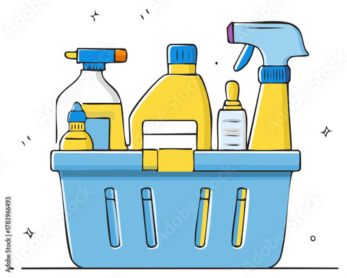 Cartoon illustration of a blue shopping basket filled with household cleaning supplies and detergents