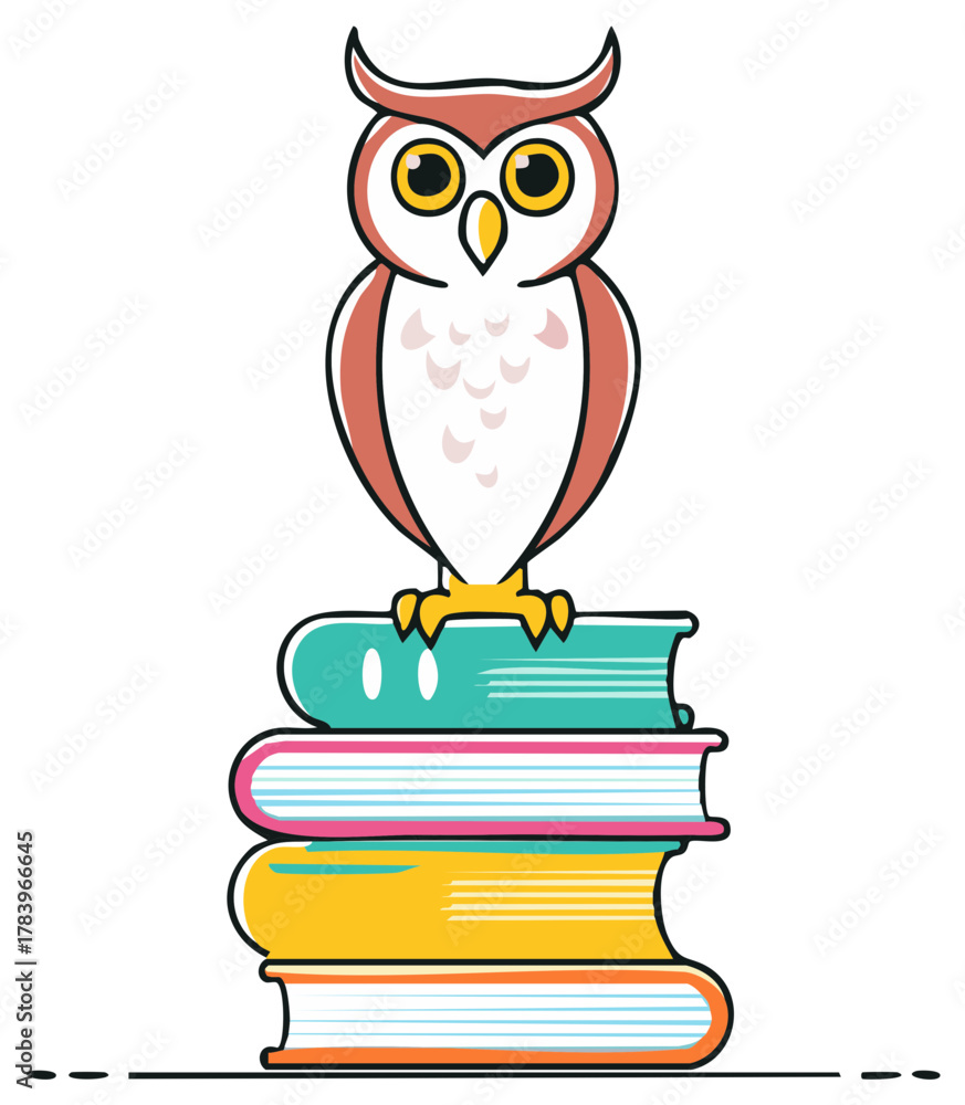 Obraz premium Cartoon owl perched atop a stack of colorful books, educational illustration