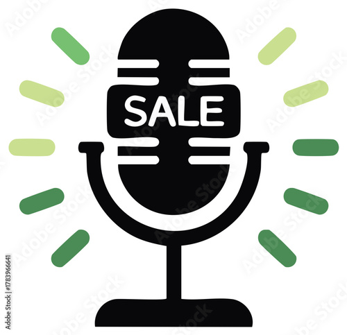 Black retro style microphone with sale text around it for special offers and marketing podcasts