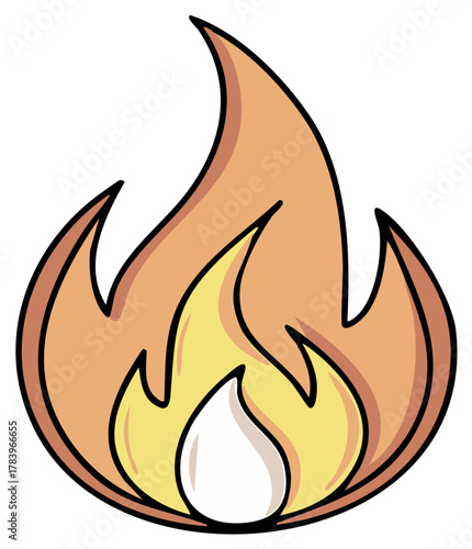 Stylized Fire Illustration with Outlines Representing Burning Flame and Heat, Cartoon Fire Design Element