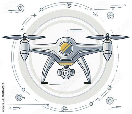Drone Illustration with Camera and Navigation Icons for Aerial Photography Uses