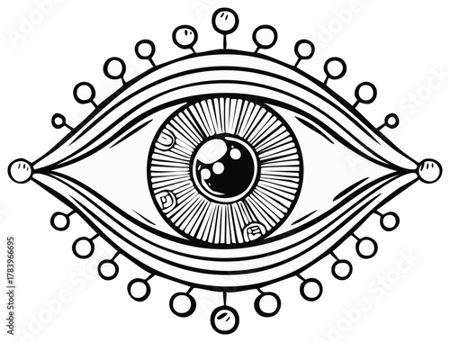 Stylized all seeing eye with decorative lashes, a mystical hand drawn symbol in black and white line art