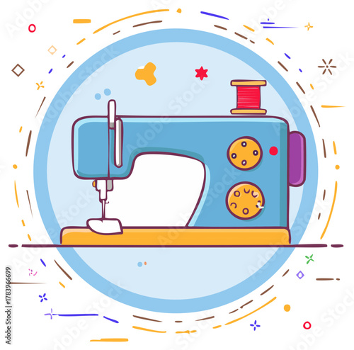 Vibrant flat design sewing machine illustration with red thread spool for creative textile hobbies
