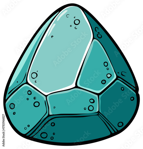 Cartoon gemstone in teal and turquoise shades with detailed facets, isolated illustration