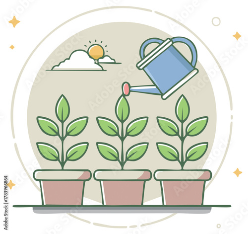 Illustration of a watering can caring for seedlings in pots representing growth and development
