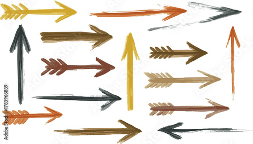 Hand painted earthy toned vector arrow set showing different shapes and directional movement illustration design