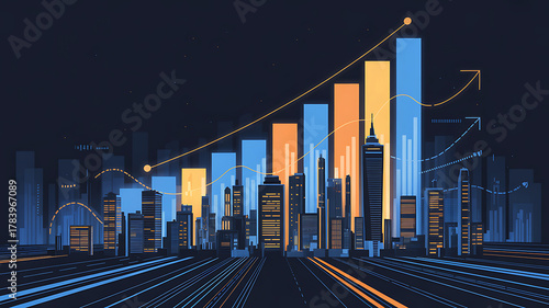City skyline with rising bar graph and data lines at night cityscape dark