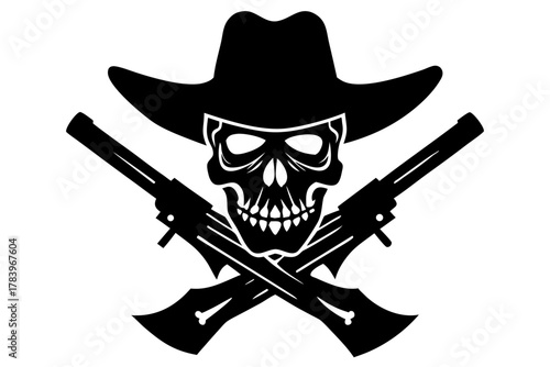 Cowboy bandit skull with crossed revolver vintage style silhouette vector 