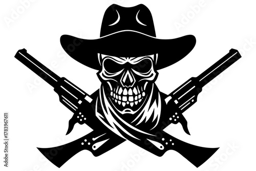 Cowboy bandit skull with crossed revolver vintage style silhouette vector 