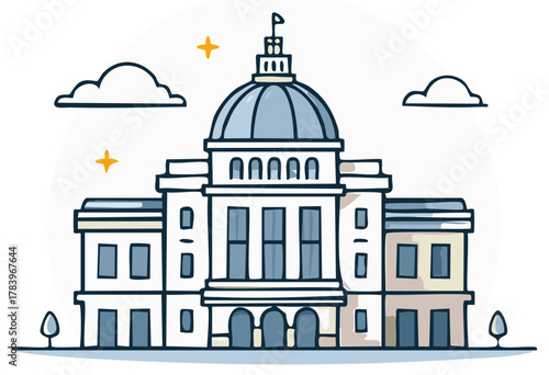 Hand drawn illustration of a classic government building featuring a prominent dome and flagpole