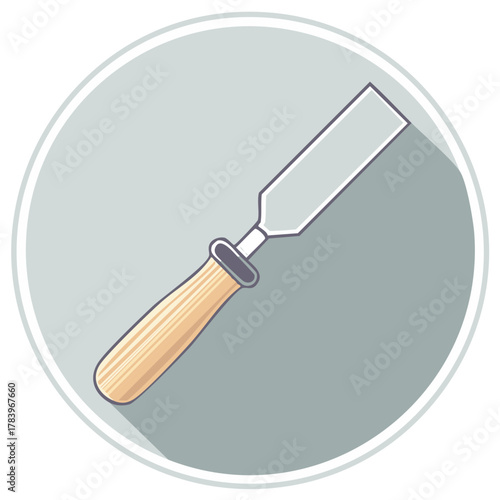 Chisel illustration shows woodworking hand tool with metal blade and wooden handle on gray backdrop inside a circle.