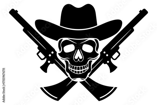 Cowboy bandit skull with crossed revolver vintage style silhouette vector 