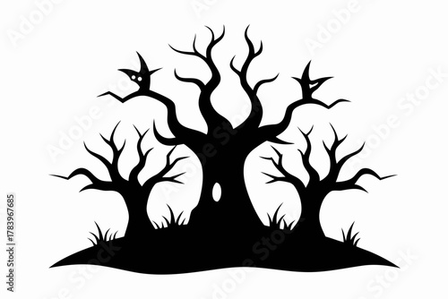 Halloween tree black icon, Spooky tree silhouette art

