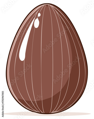 A large stylized brown chocolate egg with vertical lines and a shiny reflection