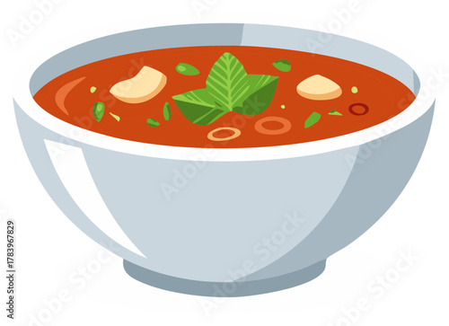 Bowl of Tomato Soup with Basil and White Beans Garnishes