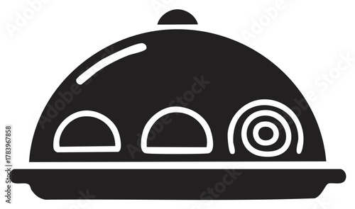 Black Restaurant Food Dome Icon With Pastries, Food Catering And Gourmet Cuisine