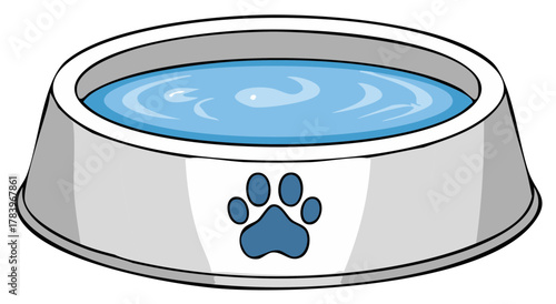 Cartoon illustration of a dog bowl filled with blue water and paw print design.