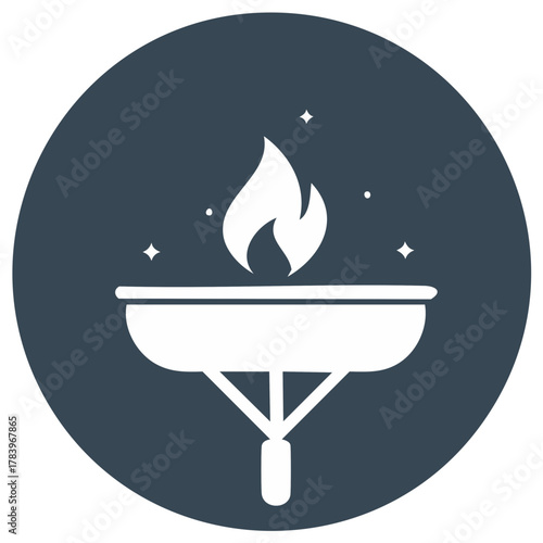 Torch illustration in dark blue circle, Olympic symbol, flame, sparks, icon, white silhouette.