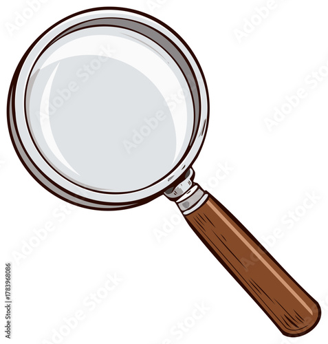 Classic magnifying glass illustration with a wooden handle for search and investigation concepts