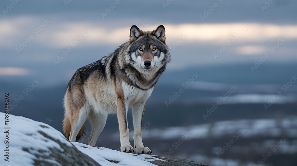 Obraz premium A wolf stands on a snowy ridge overlooking a blurred landscape