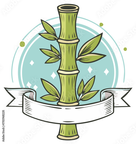 Hand drawn bamboo stalk and leaves with a blank ribbon banner for a natural logo or emblem design