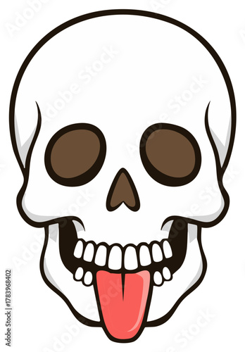 Cartoon skull with tongue out, teeth and eye sockets visible.