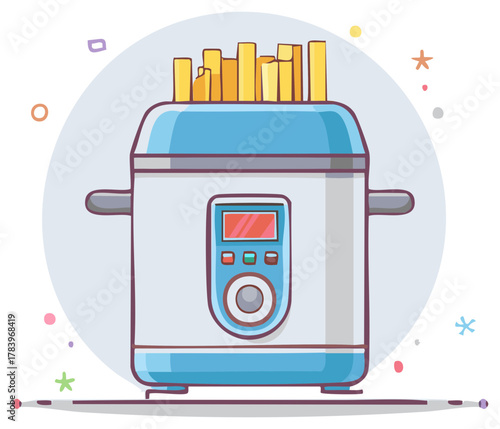 Cute cartoon illustration of a modern air fryer cooking a batch of golden french fries